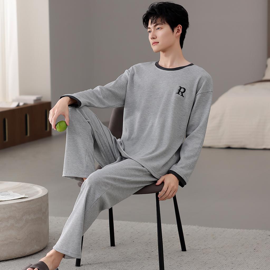 Pajamas Men'S Spring And Autumn Waffle Cotton Long Sleeve Suit Men Can Wear Cotton Loungewear