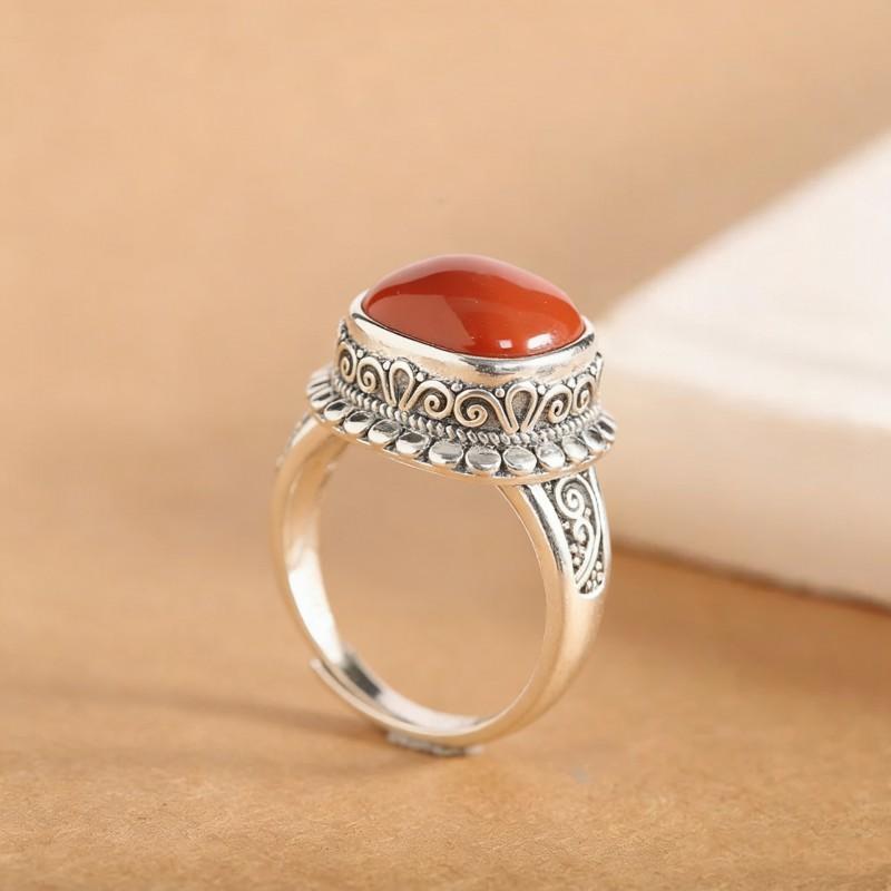 Adjustable Open Ring Women Men Vintage Red Agate Square Geometric Band Minimalist Boho Finger