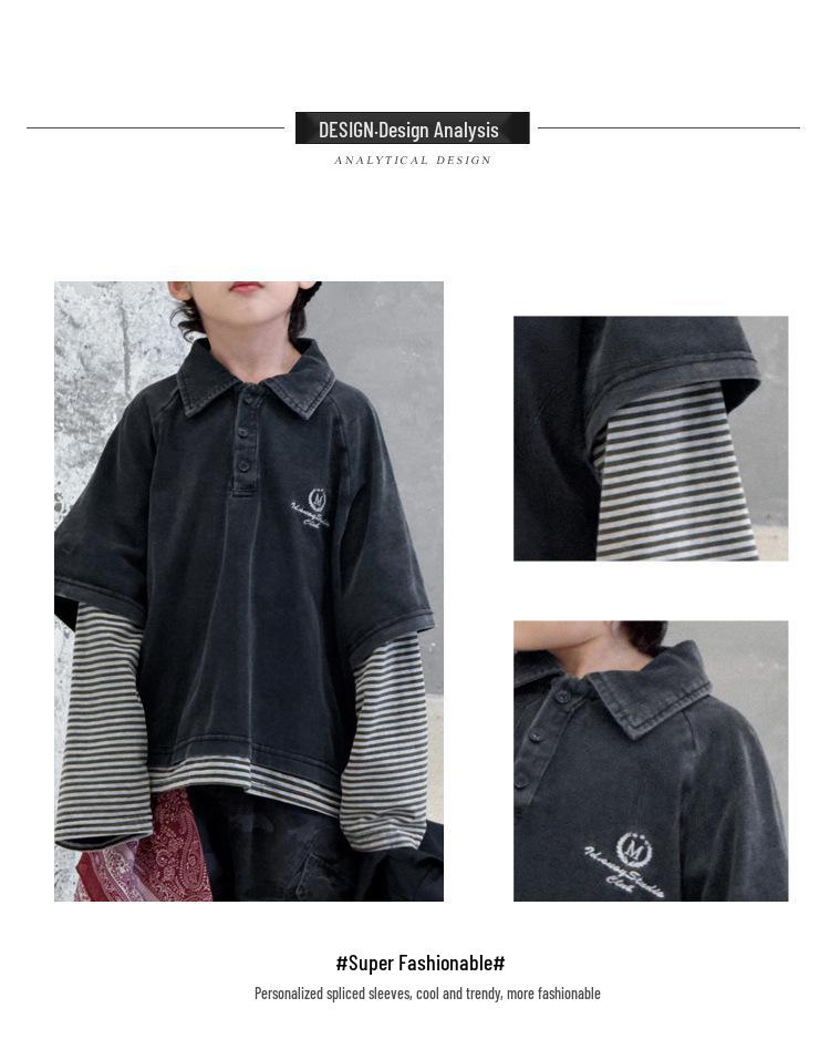 Children's Spring/Autumn Trendy Spliced Long Sleeve Polo Shirt - Casual Loose Korean Style Fake Two-Piece Pullover.