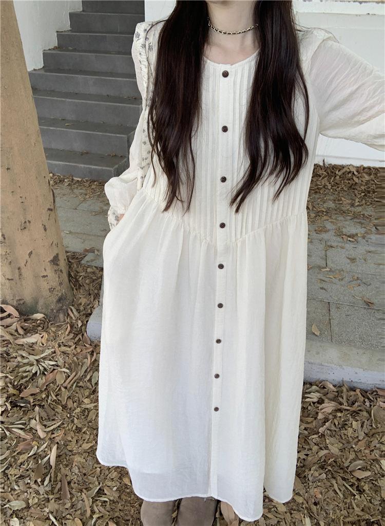 Korean Pleated Long-sleeved Dress Women's Early Autumn New Design Sense High Waist Loose Long A-shaped Skirt Tide