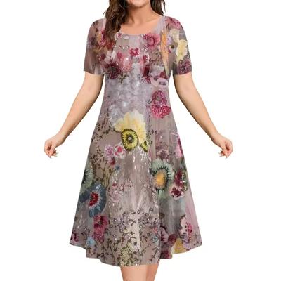 Elegante Vestido de Mujer con Estampado Floral, Impresión Digital 3D, Holgado, Cuello Redondo, Falda Midi A-Line con Estilo, Moda Casual y Cómoda
