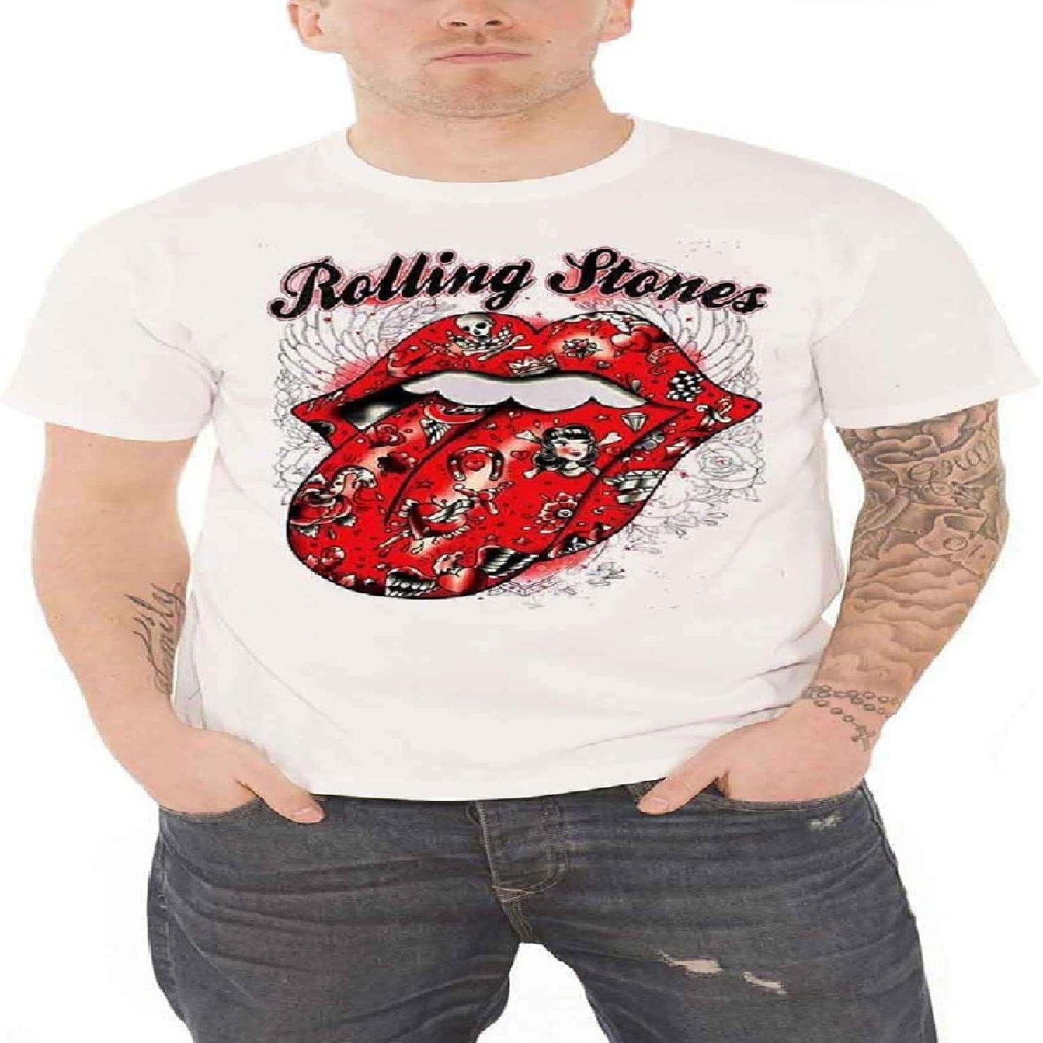 The Rolling Stones T Shirt Tattoo Flash Tongue Band Logo Official Mens New White Size XL S
