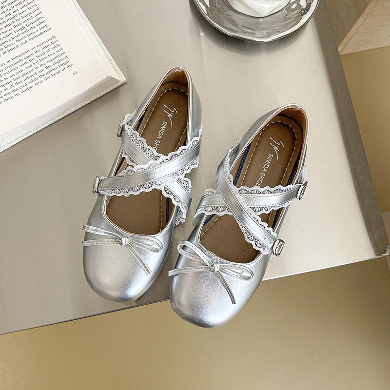 

French bow wedge small leather shoes 2025 new spring and summer with skirts soft soles not tired Mary Jane shoes 39 срібний