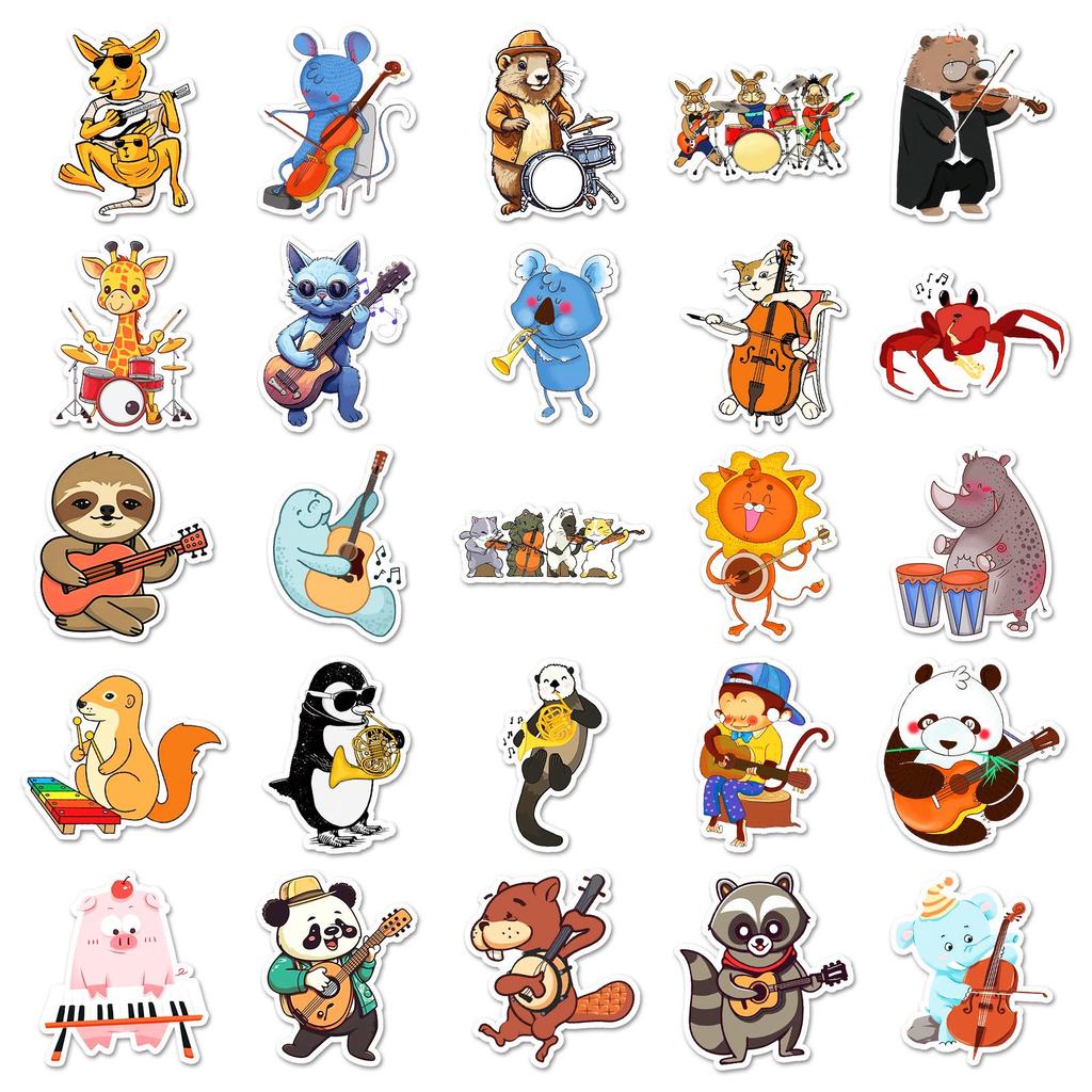50 Animal Concert Cartoon Stickers: Musical Instrument Decor for Water Bottles, Phone Cases & Journals