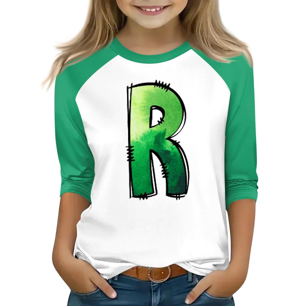 Oberteile für junge Mädchen von 4–16 Jahren, Rundhalsausschnitt, 3/4-Ärmel, T-Shirts, trendige Oberteile, Outfit-T-Shirts