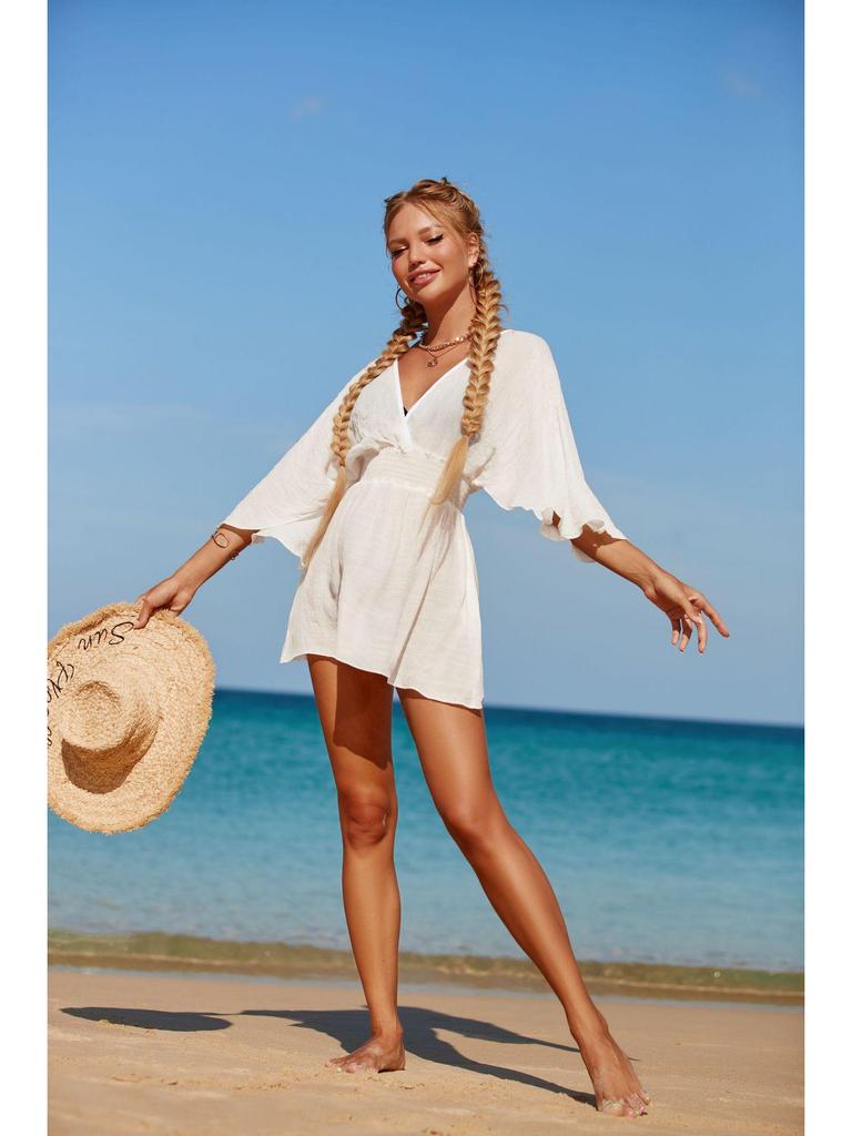 Sexy Backless Solid Color Sunscreen Beach Mini Dress