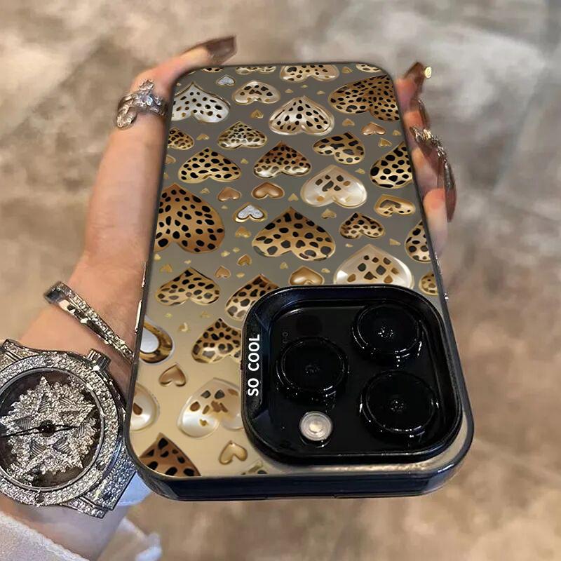 Love Heart Leopard Print Electroplate Silver Phone Case For iPhone 16 Pro Max 15 14 13 12 11 7 8 Plus X XS XR Shockproof Cover