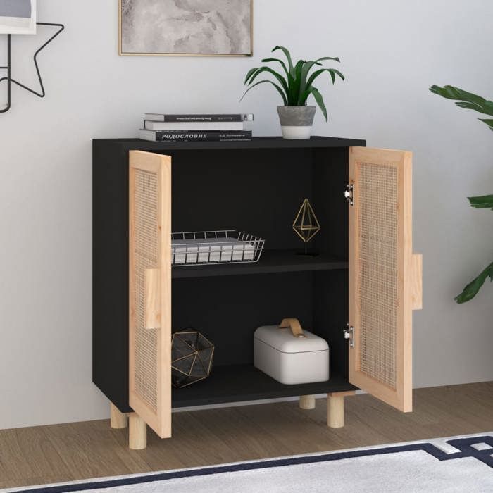 VidaXL Buffet Noir 60x30x70 cm Bois de pin massif et rotin naturel 345631