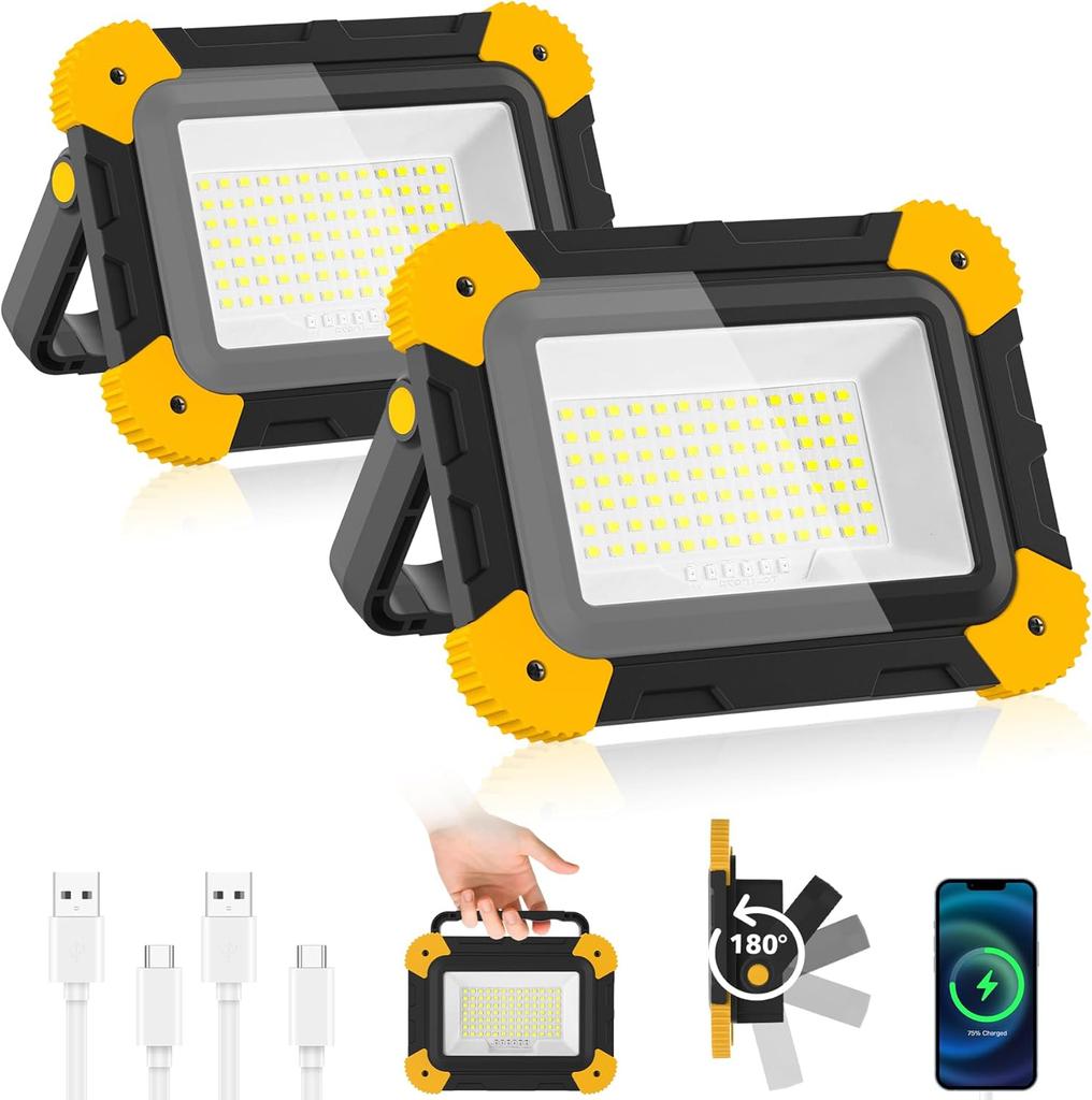 LED Work Spotlight 5 Mode Portable Construction Flood Light Rechargeable Camping Lamp for Site Garage Workshop Fishing Emergency
