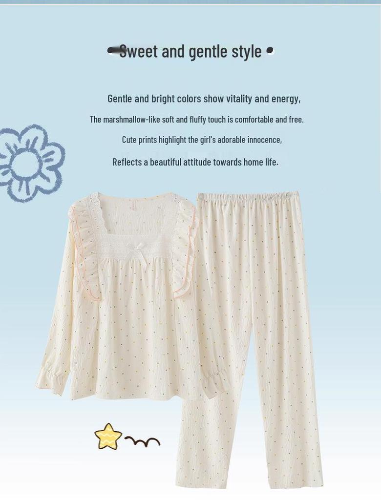 Sweet Polka Dot Lace Trim Princess Pajama Set for Women - Long Sleeve
