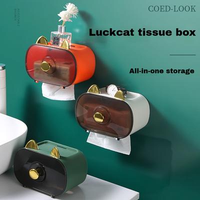 Wall-mounted Tissue Box Lucky Cat Toilet No Punch Storage Waterproof