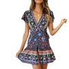 V-neck Sexy Tight-fitting Ruffle Dress Bohemian Style Small Fresh Print Dress