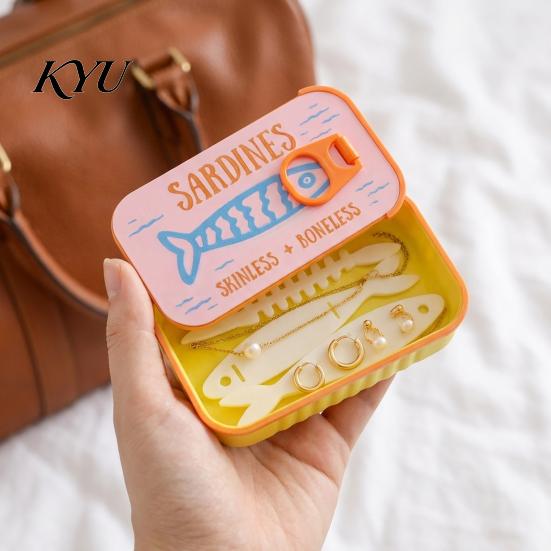 Organized Clavicle Chain Case Sardine Tin Jewelry Box with Fishbone, PLA Vintage Compact Size Decorative Vanity Accessory Organizer, Portable Storage