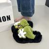 Cute cartoon one-word mop Mao Mao slippers women's outer wear 2025 autumn new thick-bottomed comfortable versatile non-slip cotton mop