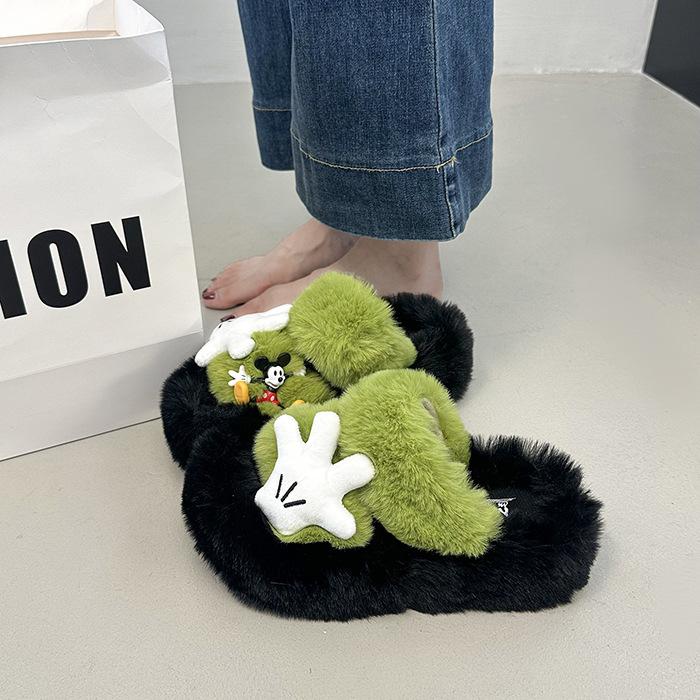Cute cartoon one-word mop Mao Mao slippers women's outer wear 2025 autumn new thick-bottomed comfortable versatile non-slip cotton mop