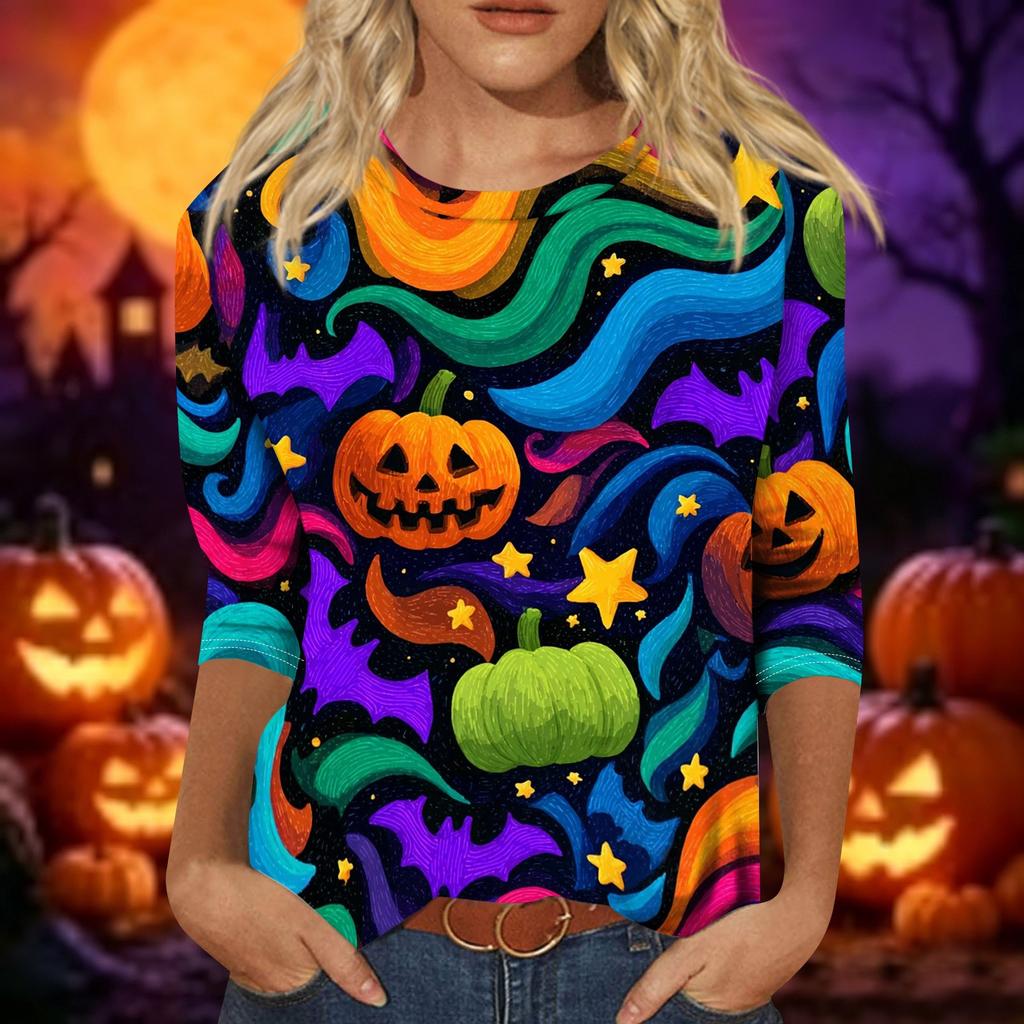 Women Casual 3/4 Sleeve Halloween Print Pullover Top Round Neck Lightweight Soft Fabric Comfortable Fit