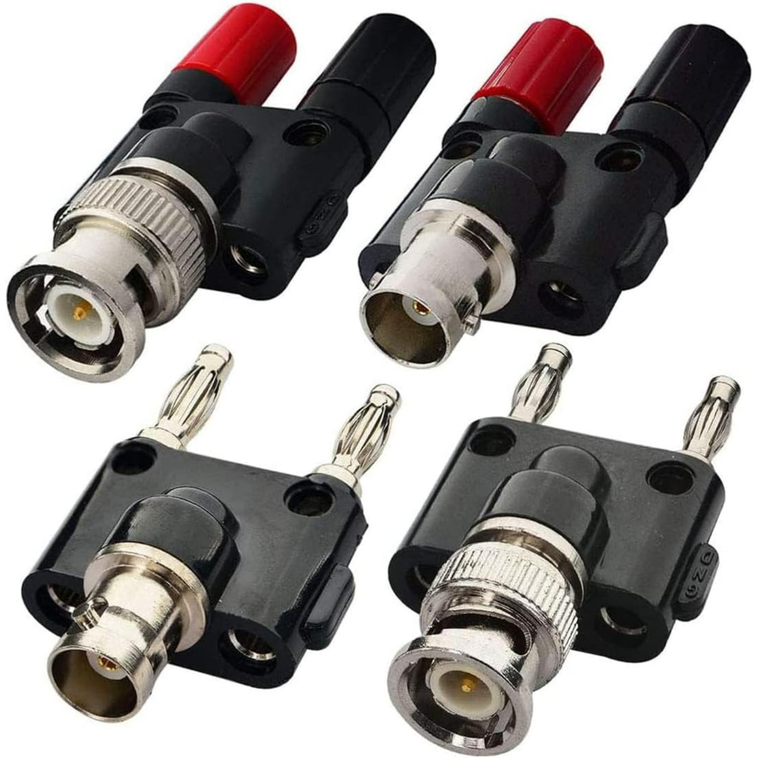 BNC Kits 4 Type BNC Male Female to 2X 4mm Dual Banana Female Male Socket Binding Post RF Coax Coaxial Splitter Connector Banana Adapter (Black) K001