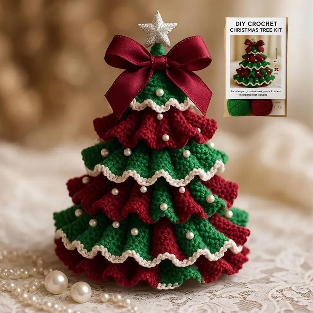 DIY Crochet Christmas Tree Kit with Yarn Hook Beads Instructions, Red and Green