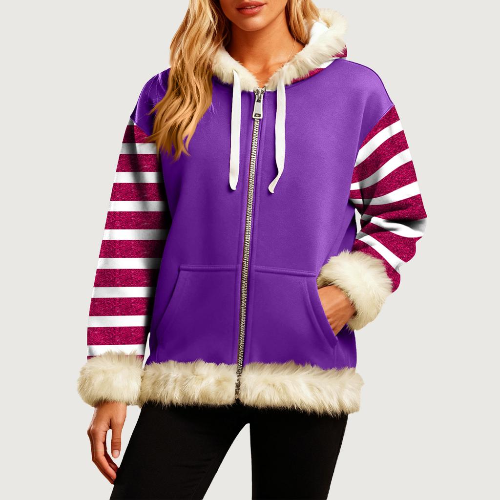Women's Comfortable Loose Fashion Casual Striped Print Long Sleeve Pockets Hooded Sweatshirt Jacket