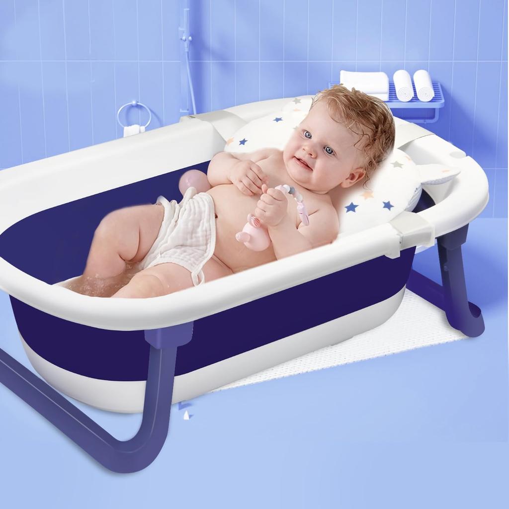 UBRAVOO Baby Bathtub with Drain Plug, Foldable Portable Baby Bathtub (Built-in Non-slip Support, Suitable for Travel)