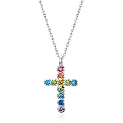 Collar con colgante de cruz arcoíris de plata S925 con incrustaciones de clavícula de circonita preciosa