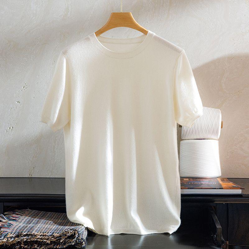 Men's Beige Crew Neck Short Sleeve Knit Top Soft Casual Daily Sweater