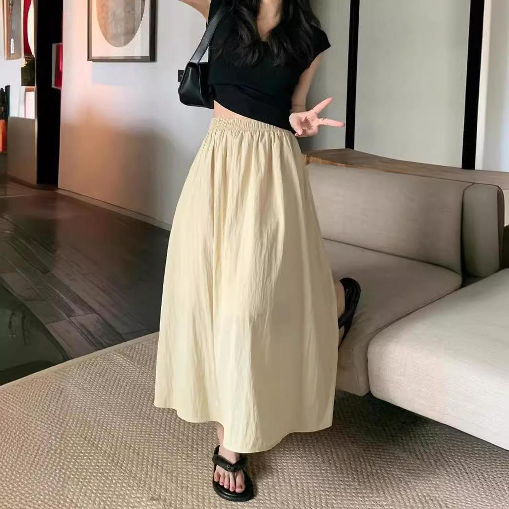 Damen Sommer 2024 Retro Plissee Midi-Rock, Hohe Taille, Schlank machende A-Linie mit elastischem Bund