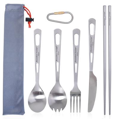 Boundless Voyage Camping Titanium Cutlery 5 Piece Set ForkSpoonKnifeCracked SpoonChopsticks (Square Chopstick Set)