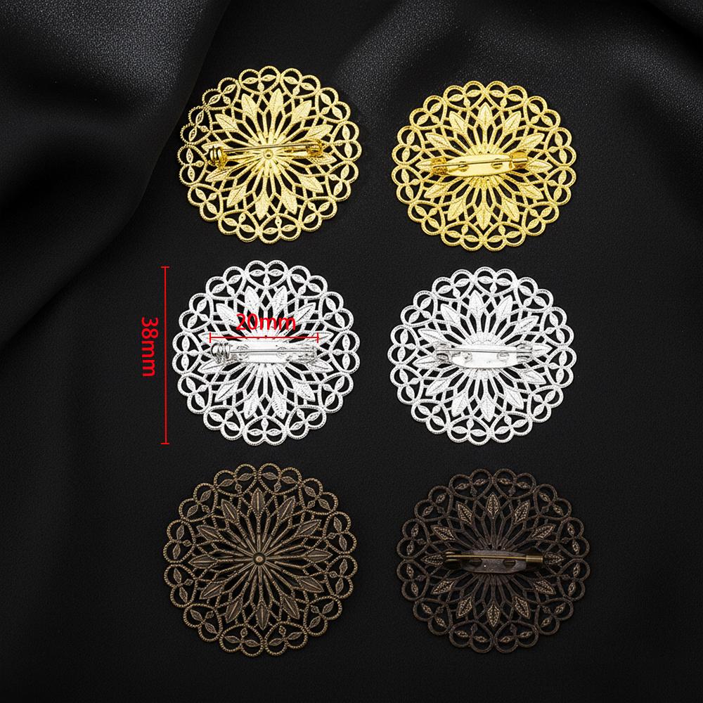5pcs Round Flowers Brooch Base Pad Setting Base with Pin 38mm Copper Brass Filigree Wraps Connectors Jewelry Making Accessories