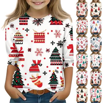 Christmas Day Print Tops For Youth Girls 5-16 Years Round Neck 3/4 Sleeves T-Shirts Trendy Tops Outfit Tees