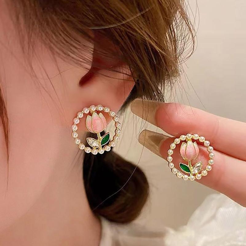 Eleagnt Flower Crystals Stone Earrings Imitation Pearls Studs for Women with Gold Plating and Green Rhinestones