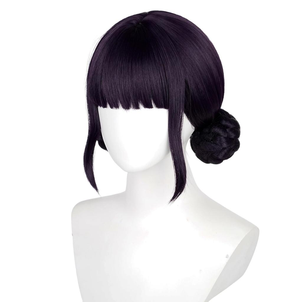 Dark Purple Neat Bangs Long Hair Short Curly Hair Bun Synthetic Short Hair Wig | Animation KPop Demon Hunters Figure Zoe Cosplay