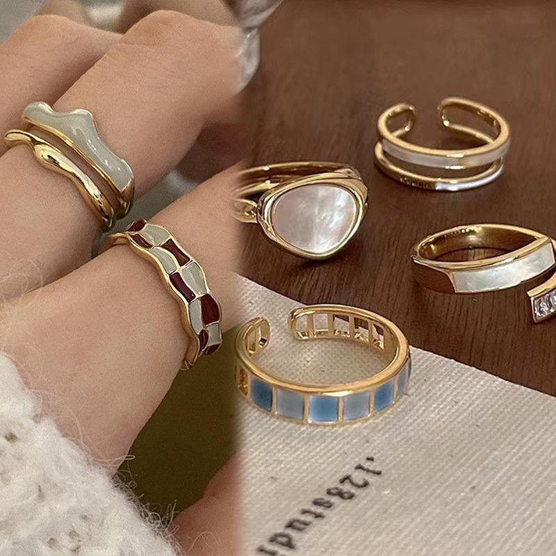 Vintage Enamel Oil Open Gold Rings Checkerboard Finger Ring Accessories Jewelry Gift