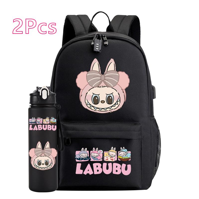 2Pcs/set Cute Canvas Printed Backpack Water Bottle Boy Girl Teen Student Schoolbag Backpack Women Anti-Theft Laptop Travel Bag