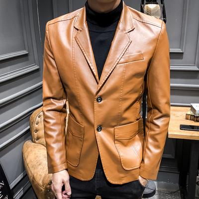 PU Leather Suit Men's Solid Color Men's Casual Leather Jacket Men's Casual Cardigan Leather Jacket