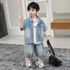 2026 Boys' Summer Silent Fashion Denim Short-Sleeve Shirt and Tie Two-Piece Set