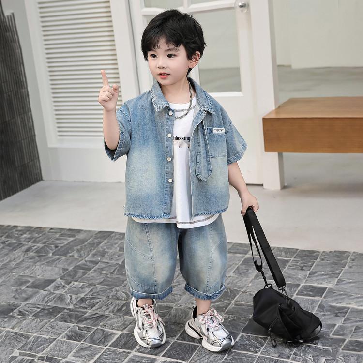 2026 Boys' Summer Silent Fashion Denim Short-Sleeve Shirt and Tie Two-Piece Set