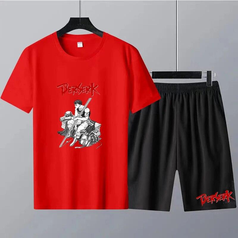 Japanese Anime Berserk Print Men's Round Neck T-shirt Sets Summer T-Shirt Shorts 2pcs Set Oversized Tracksuit Casual Men Clothes