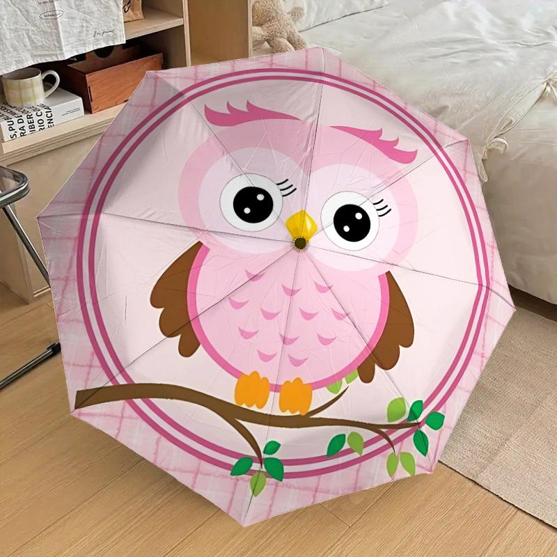 1pc Pink Owl Fashionable Automatic Opening/Closing Folding Umbrella with 8 Iron Bones, Plastic Handle yy251015047