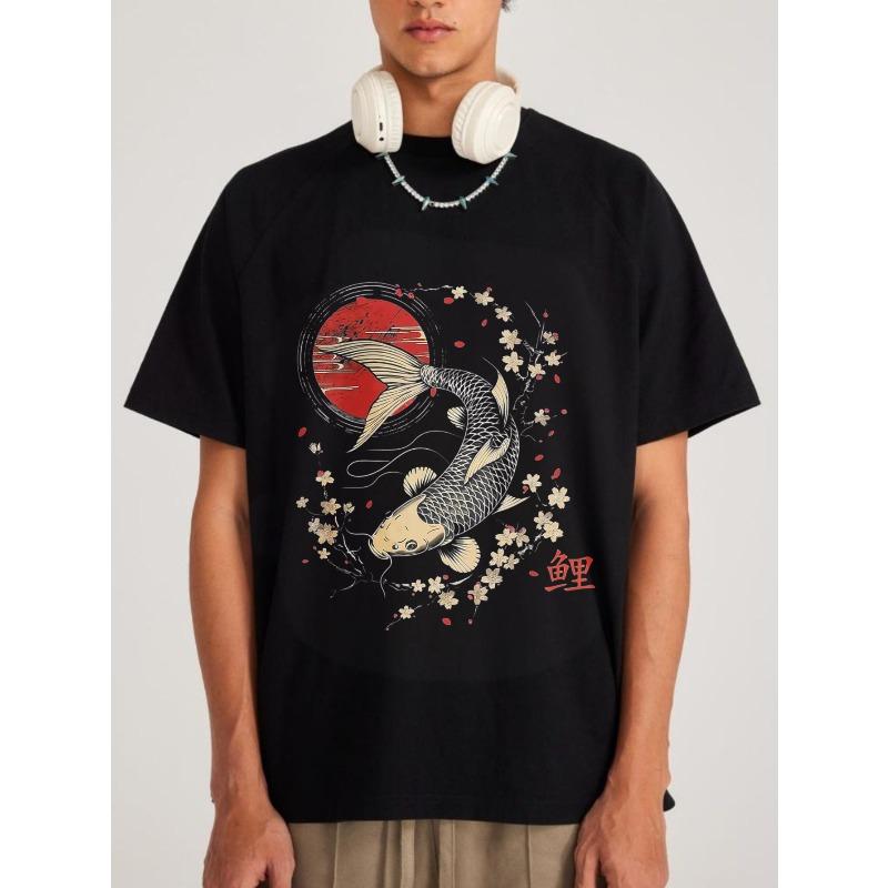 Black T Shirt Koi Fish Cherry Blossom Print with Red Circle and Character for Casual Streetwear Style