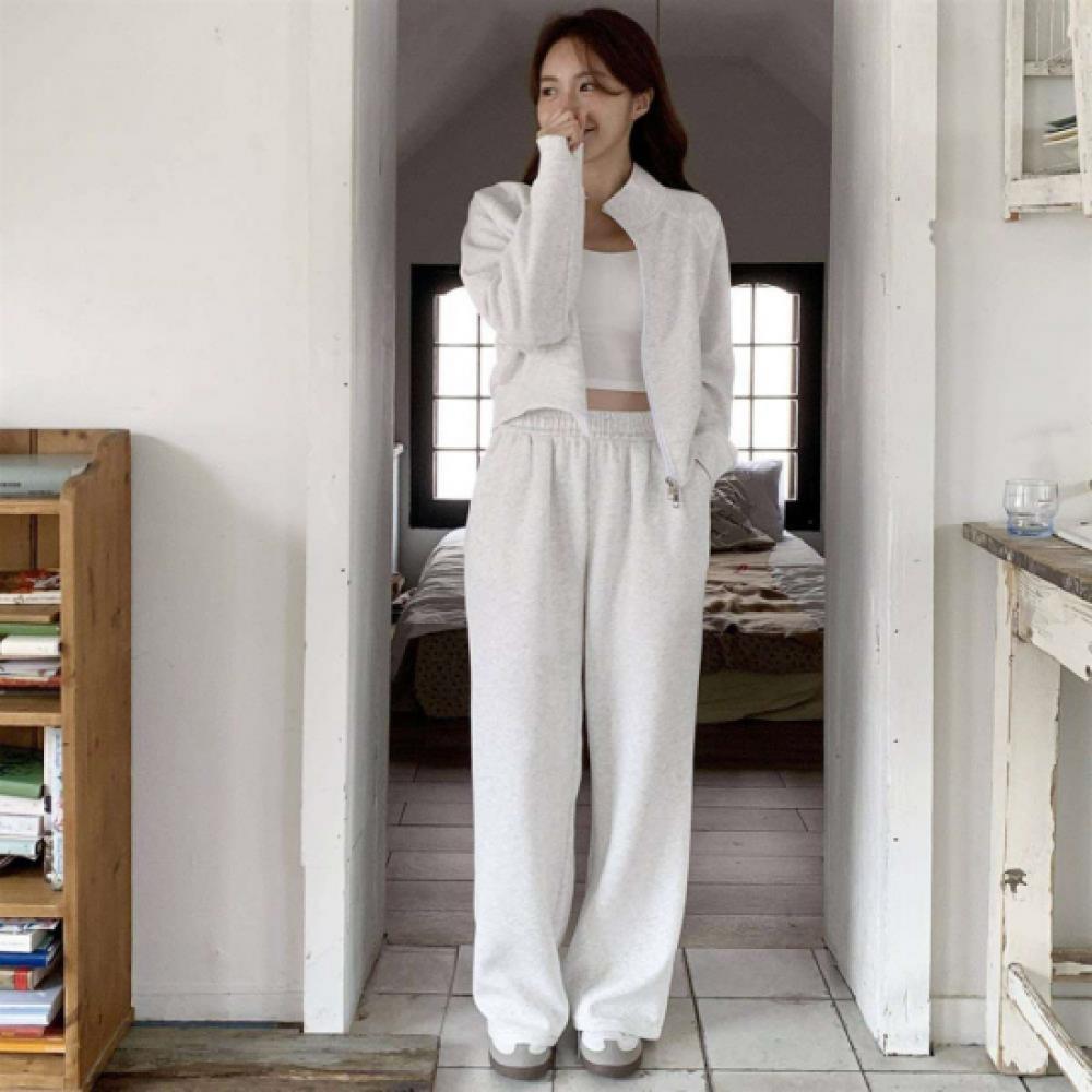 New Arrivals Open Run Women Solid Half Neck Long Sleeve Zip Up And Wide Pants