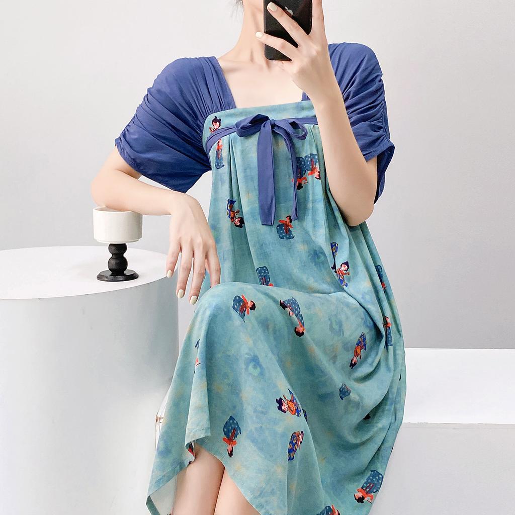Short-sleeved cotton silk nightgown women's summer square collar improved Hanfu national style cotton silk skirt loungewear can be worn outside