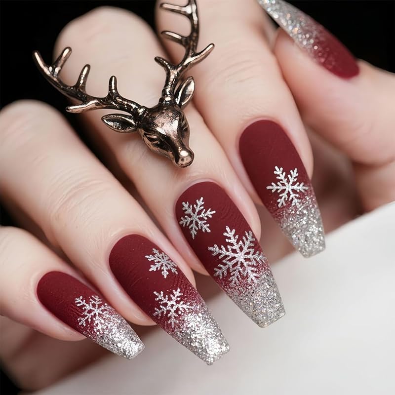 Christmas Cute Press On Nails Square Fake Nails Winter False Nails with Snowman Snowflake Designs Medium Glue On Nail Gloss Xmas Reusable Acrylic