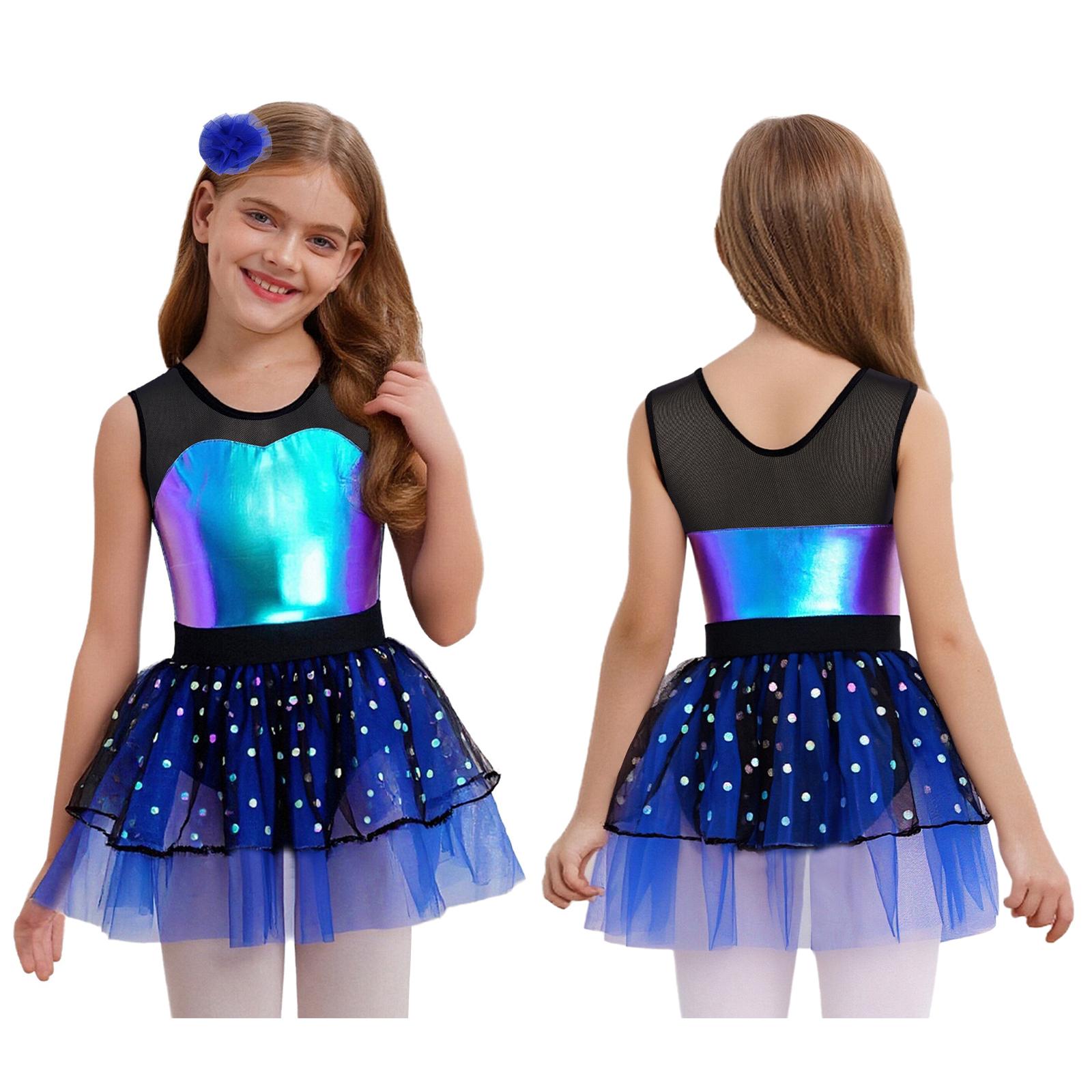 

Girls Stage Performance Set: Sleeveless Sheer Mesh & Metallic Bodice Tutu Dress with Matching Headwear for Dance 5-6 Years синій
