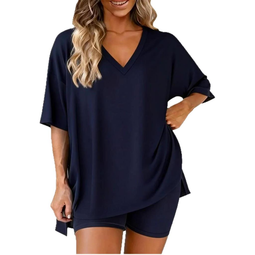2026 Summer Chic European & American V-Neck Solid Color Loose Pajama Set