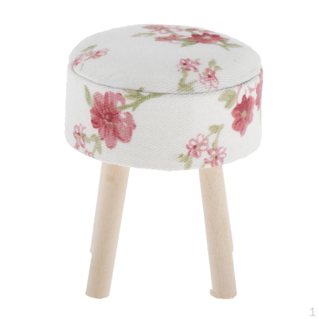 1:12 Dollhouse Miniature Furniture Wood Upholstered Round Stool Model for Doll Room/Bedroom/Dinning