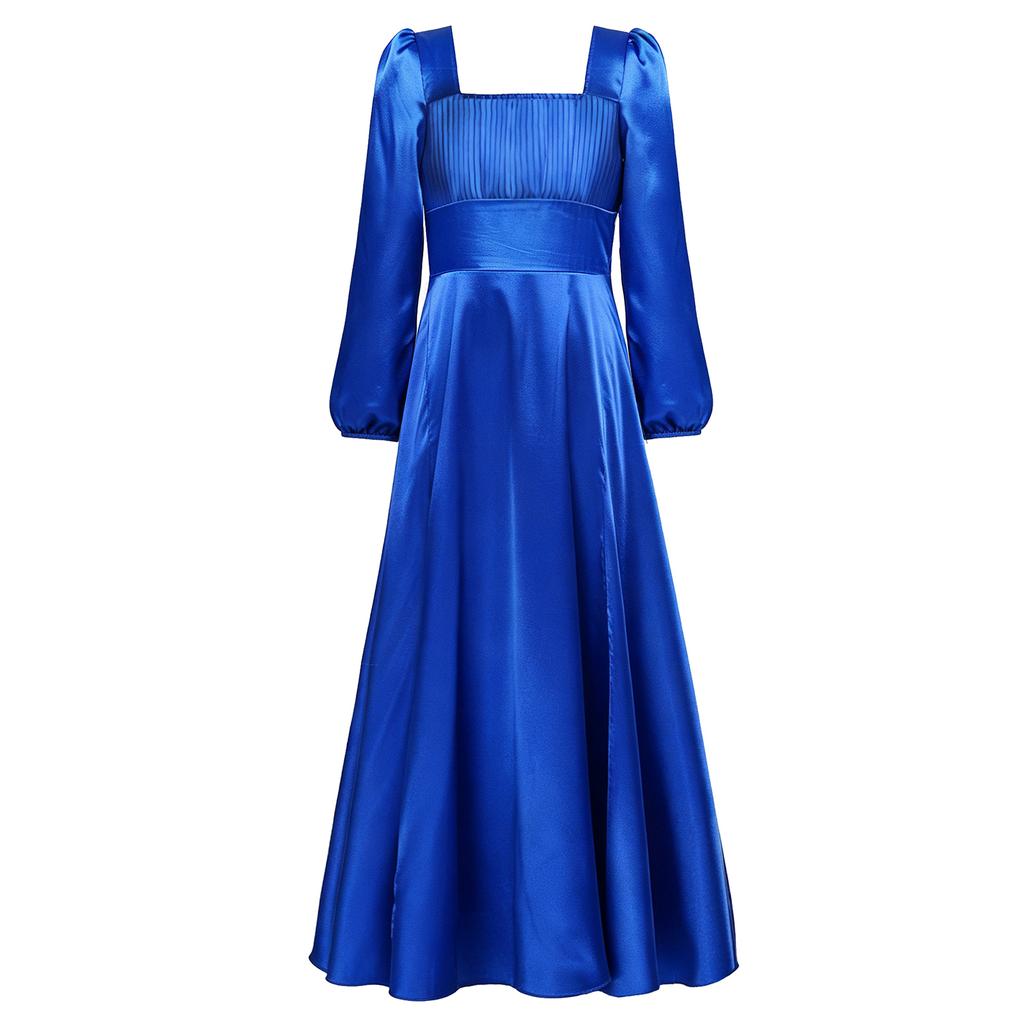 Kids Girls Puff Sleeve Square Neck Satin Party Gown Pleated Bodice Split Hem Back Invisible Zipper for Wedding Performance Banquet