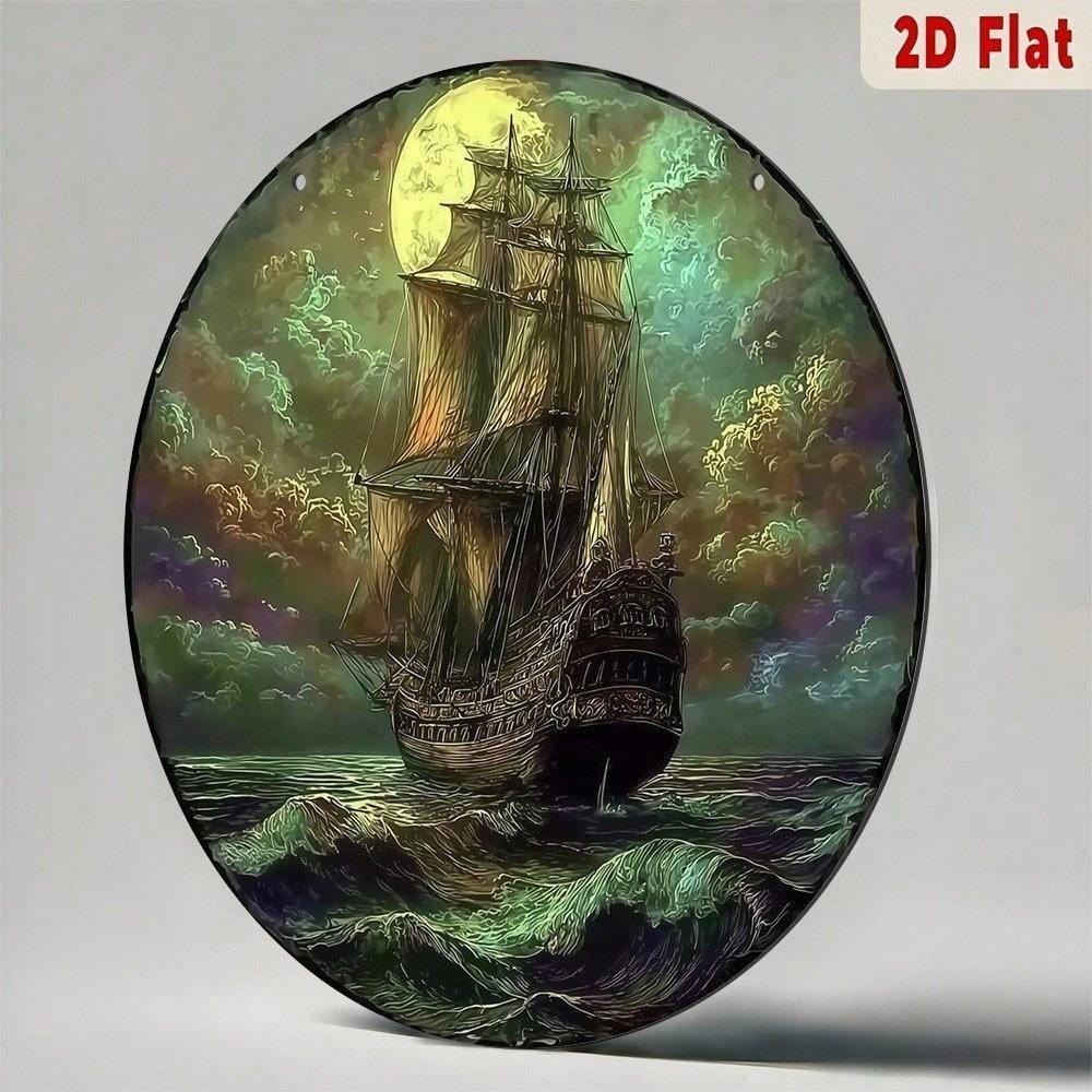 Vintage Moonlit Sailing Ship Metal Wall Art Nautical Aluminum Decor