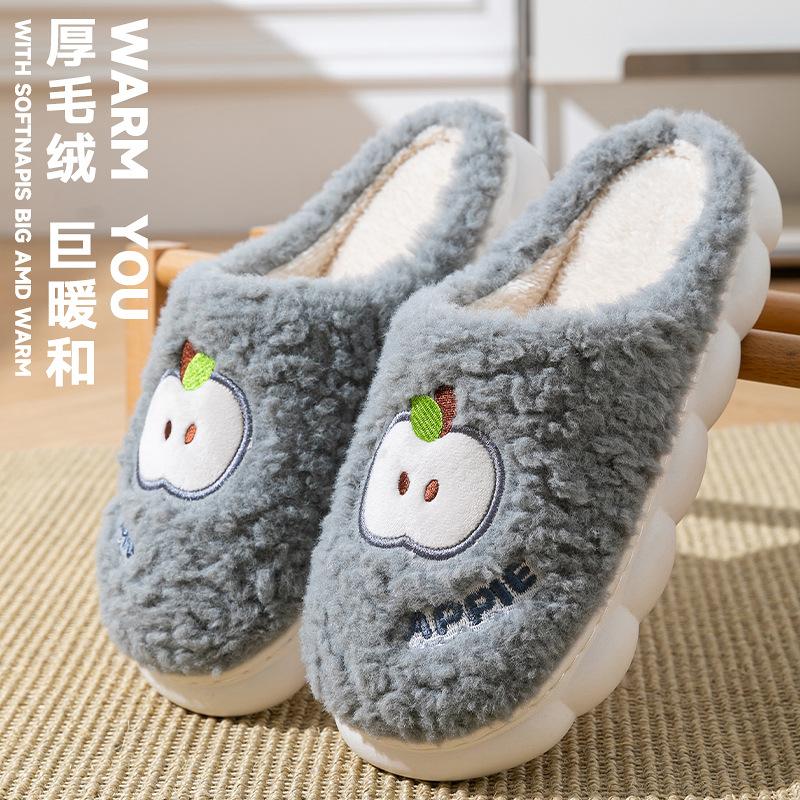 Autumn and winter embroidery thick bottom velvet warm stepping shit cotton slippers home bedroom couple hair slippers