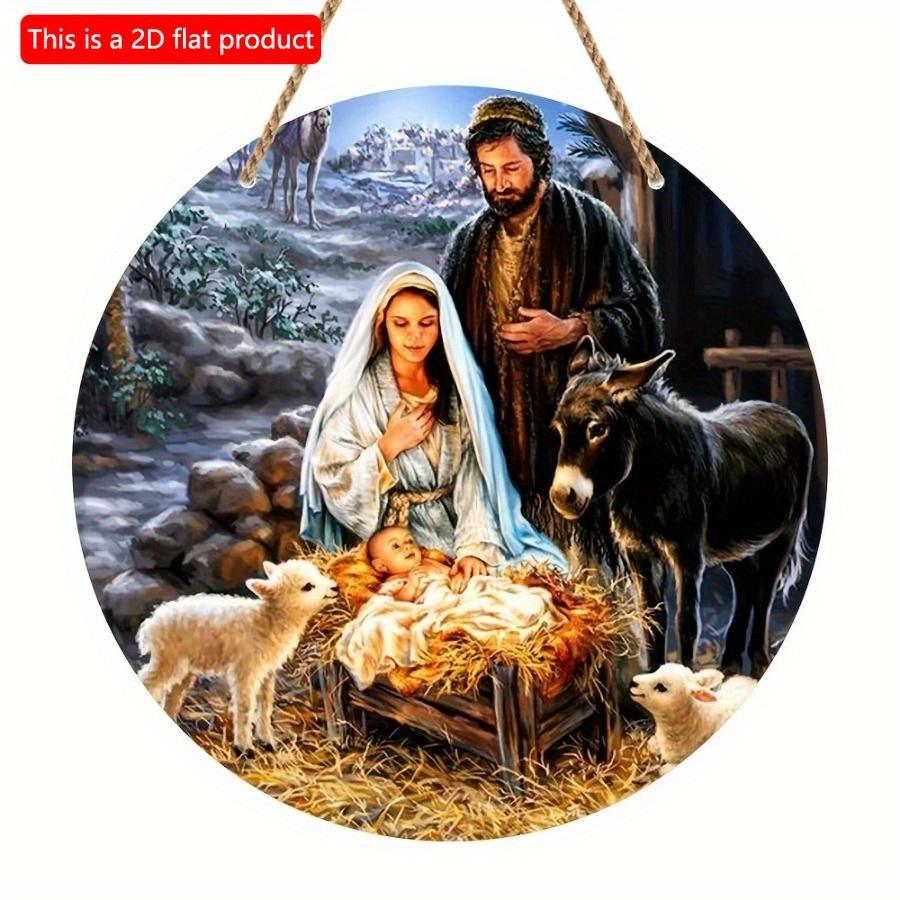 1pc 2d Flat Wood Round Wooden Nativity Wreath Sign Decorative Round Signs - 20cm Wall, Home, Room, Window, Porch, Restaurant, Bar, Cafe Decor, Holiday